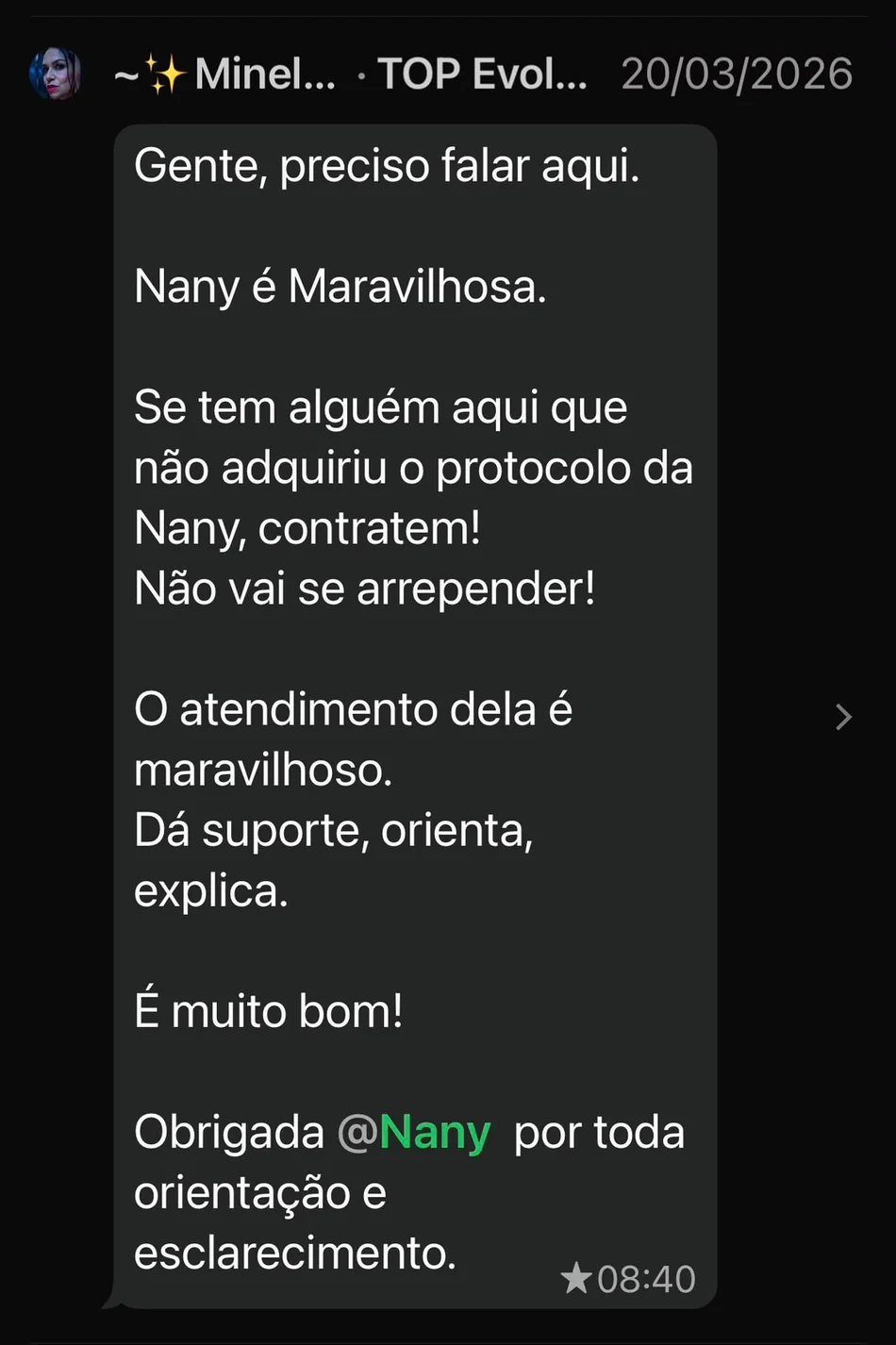 Depoimento sobre atendimento e suporte da Nany
